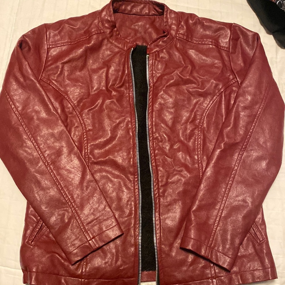 Burgundy pleather fleece lined bomber style jacket